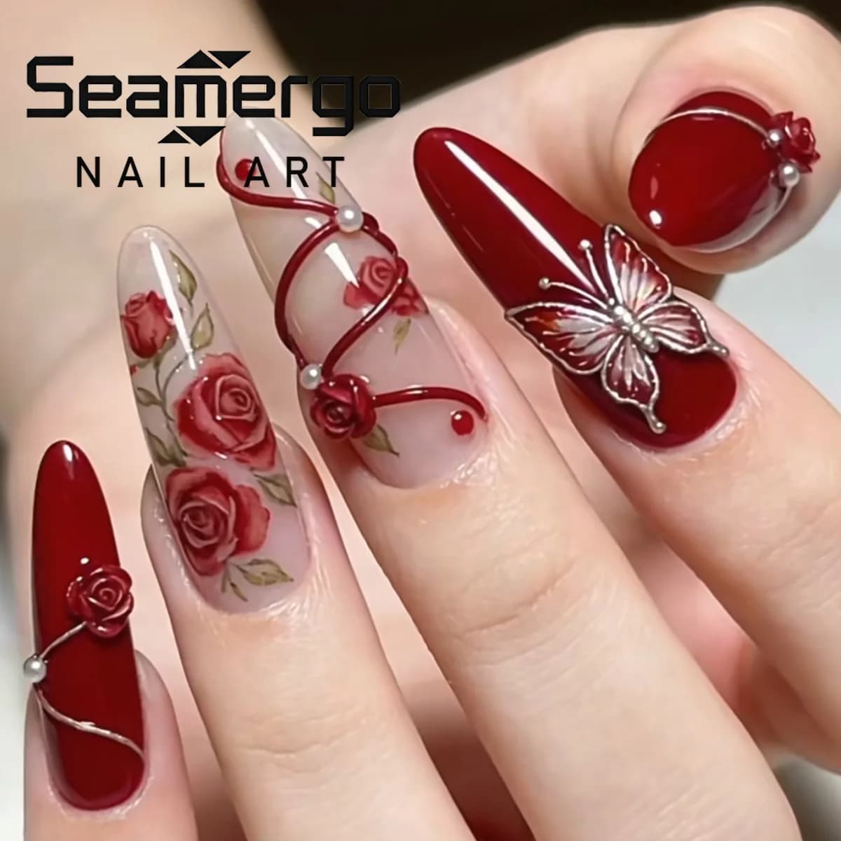 24PCS Burgundy Almond Shape Fake Nails with 3D Silver Butterfly Rose Flower Pearl False Nails Nail Art for Women Press on Nails