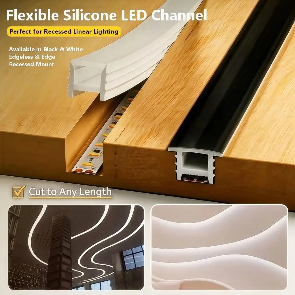 Silicone LED Channel Profile Flexible Diffuser Cover for LED Strip Recessed Mount No Threading Flanged Edgeless Black White
