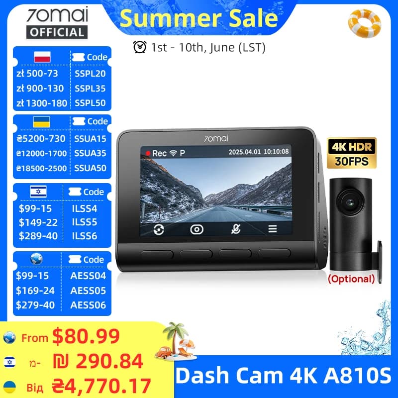 70mai Dash Cam 4K A810S HDR IMX678 Supercapacitor 4G LTE Remote Control Wi-Fi 6 Voice Control GPS ADAS Car Camera 70mai A810S