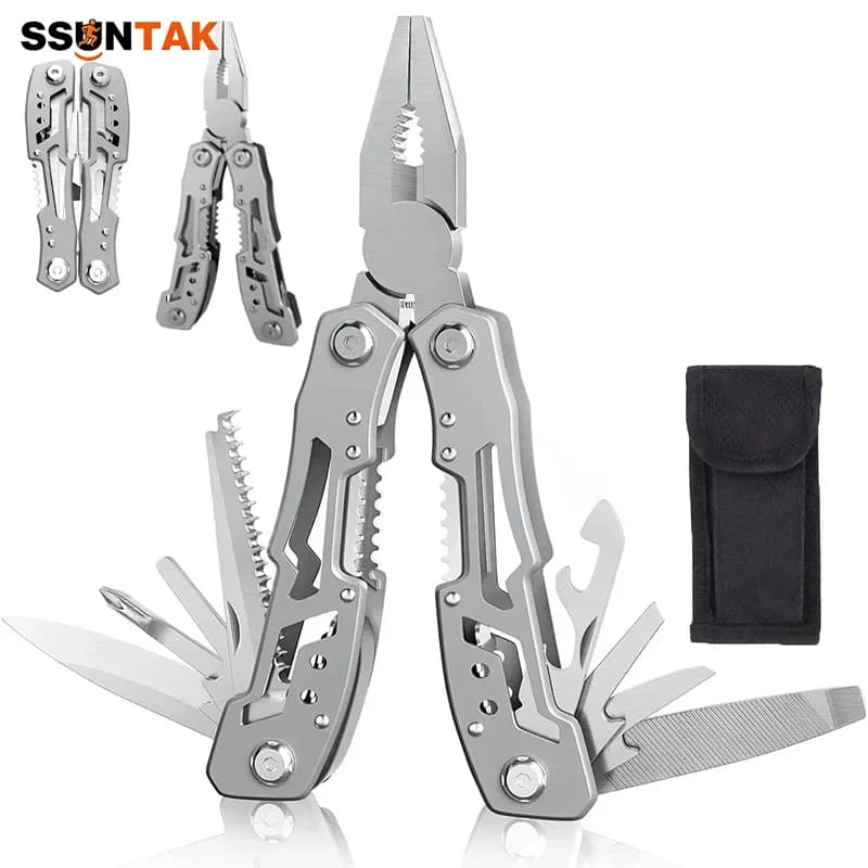 SSUNTAK Multitool 14-in-1 Portable Pliers Stainless Steel Folding Survival Tools for Camping Hiking Hunt Outdoor Emergency Gear
