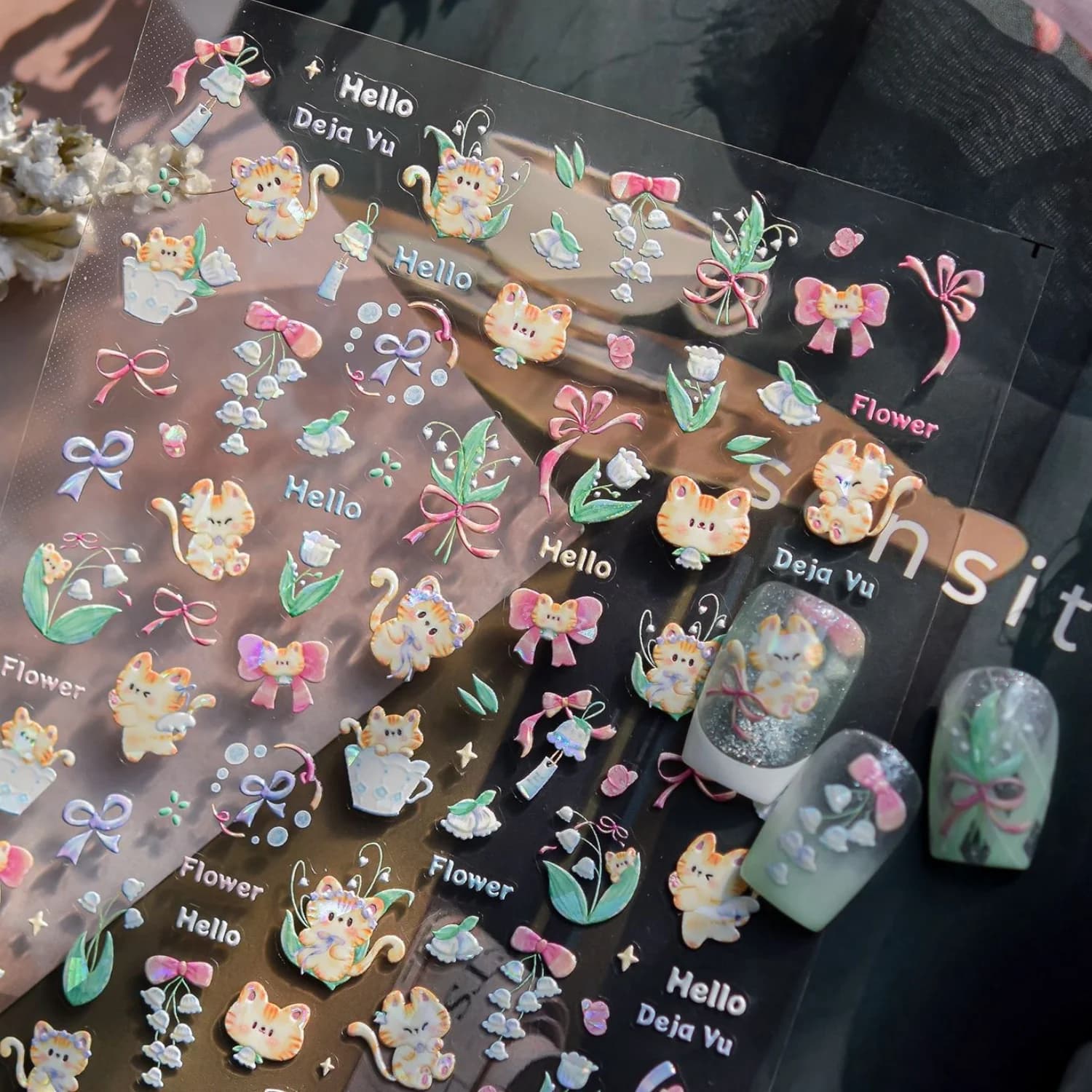 Cute Cat 5D Nail Art Stickers Holographic Orange Kitten Lily Flower Bow Spring Forest Style Embossed Manicure Decor for Girls