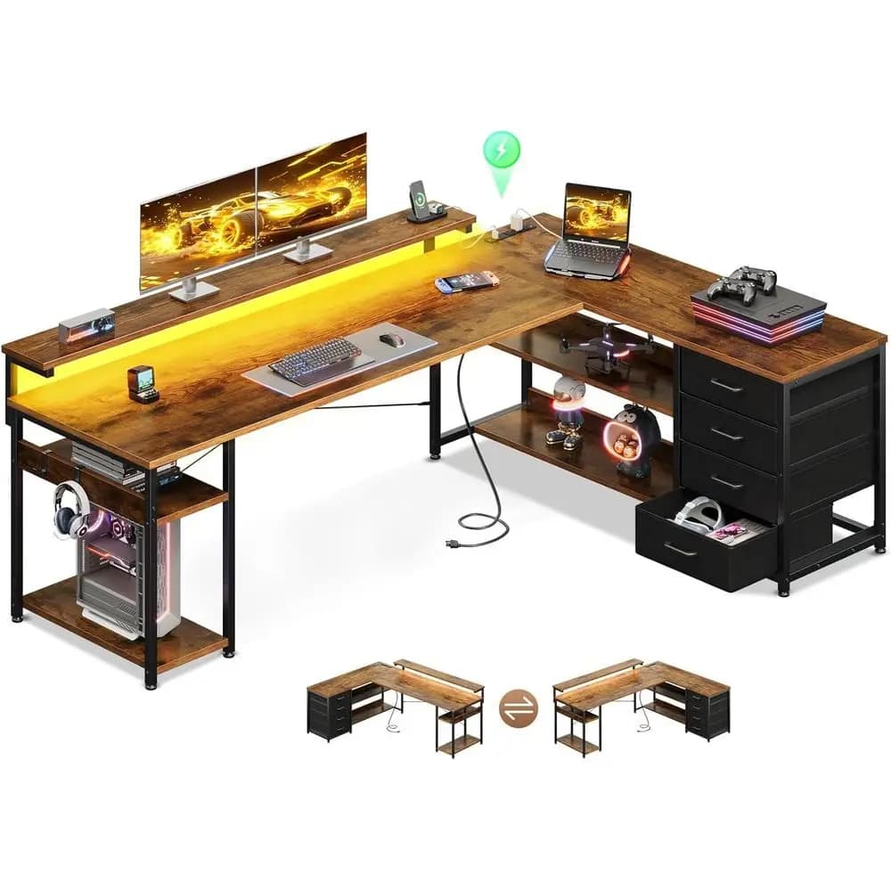 69 L-Shaped Gaming and Home Office Desk with Power Outlets, LED Lights, and Monitor Shelf
