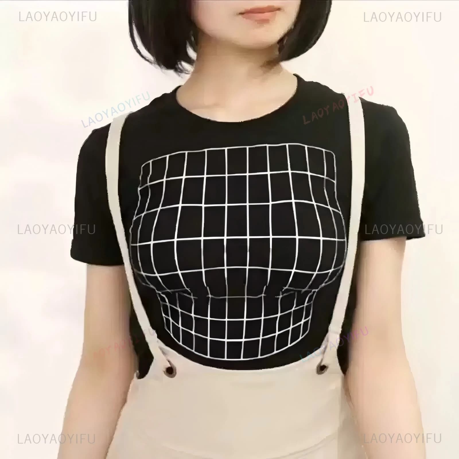 TIK Tok Big Boobs T-Shirt Magnified Chest Optical Illusion Grid Short Sleeve Round Neck Visual Trap T-Shirt Cheap Polyester Tee
