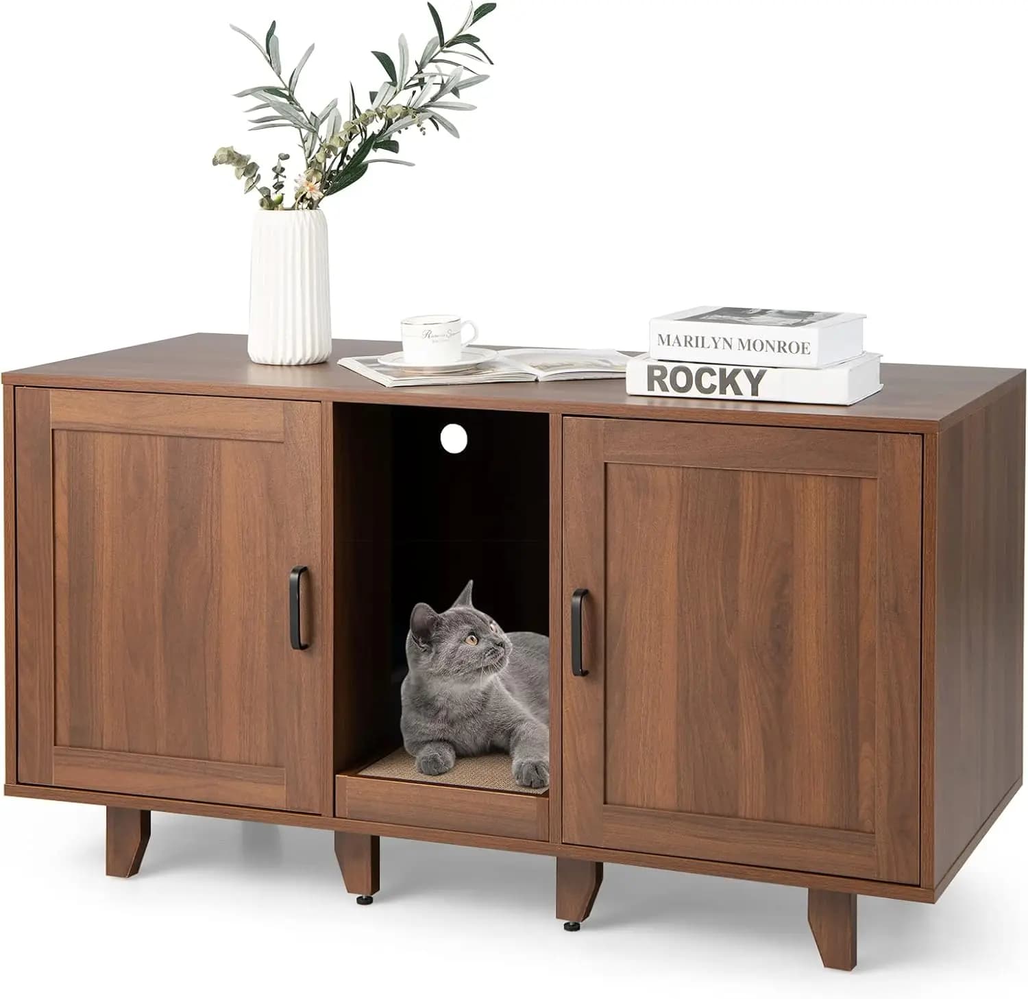 Cat box cabinet for 2 cats, cat cabinet for cat toilet, cat house with 2 doors & scratching board &entrance,120x52x65cm (coffee)