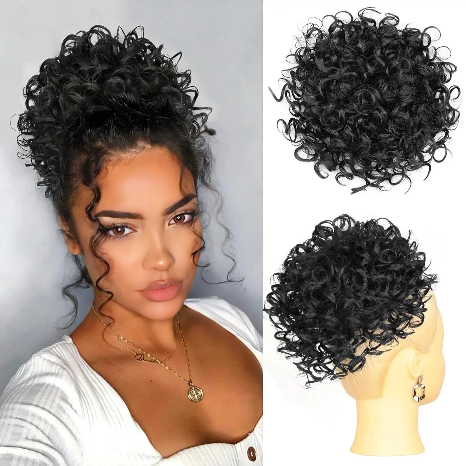Messy Bun Hair Piece for Women, 10 Inch Curly Bun Hair Piece Loose Wave Synthetic Hair Extension, Elastic Drawstring Ponytail