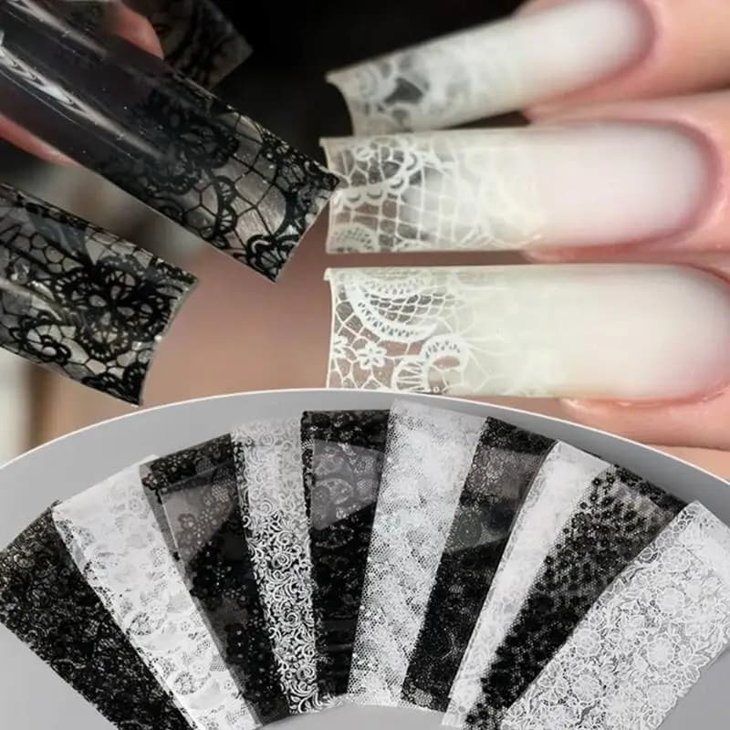 10 Rolls Nail Transfer Foils Black White Red Lace Flowers Nail Art Stickers Set for DIY Manicure Nail Charms Accessories Kit