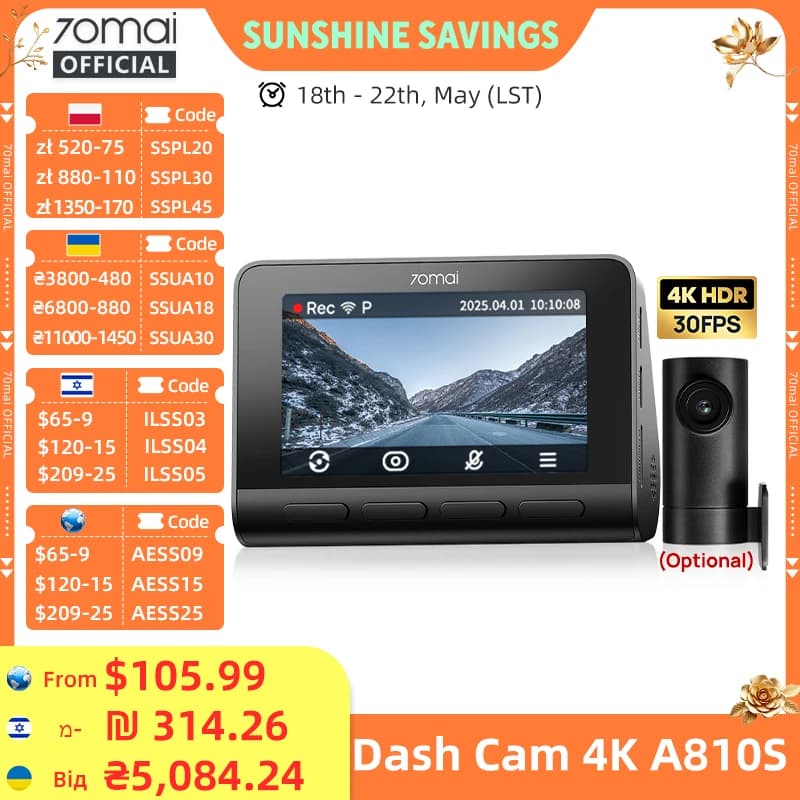 70mai Dash Cam 4K A810S HDR IMX678 Supercapacitor 4G LTE Remote Control Wi-Fi 6 Voice Control GPS ADAS Car Camera 70mai A810S