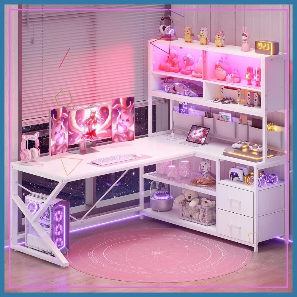 L Shaped Gaming Desk with LED Light, Glass Cabinet, Storage Shelves & Drawers, White - Home Office Computer Corner Desk