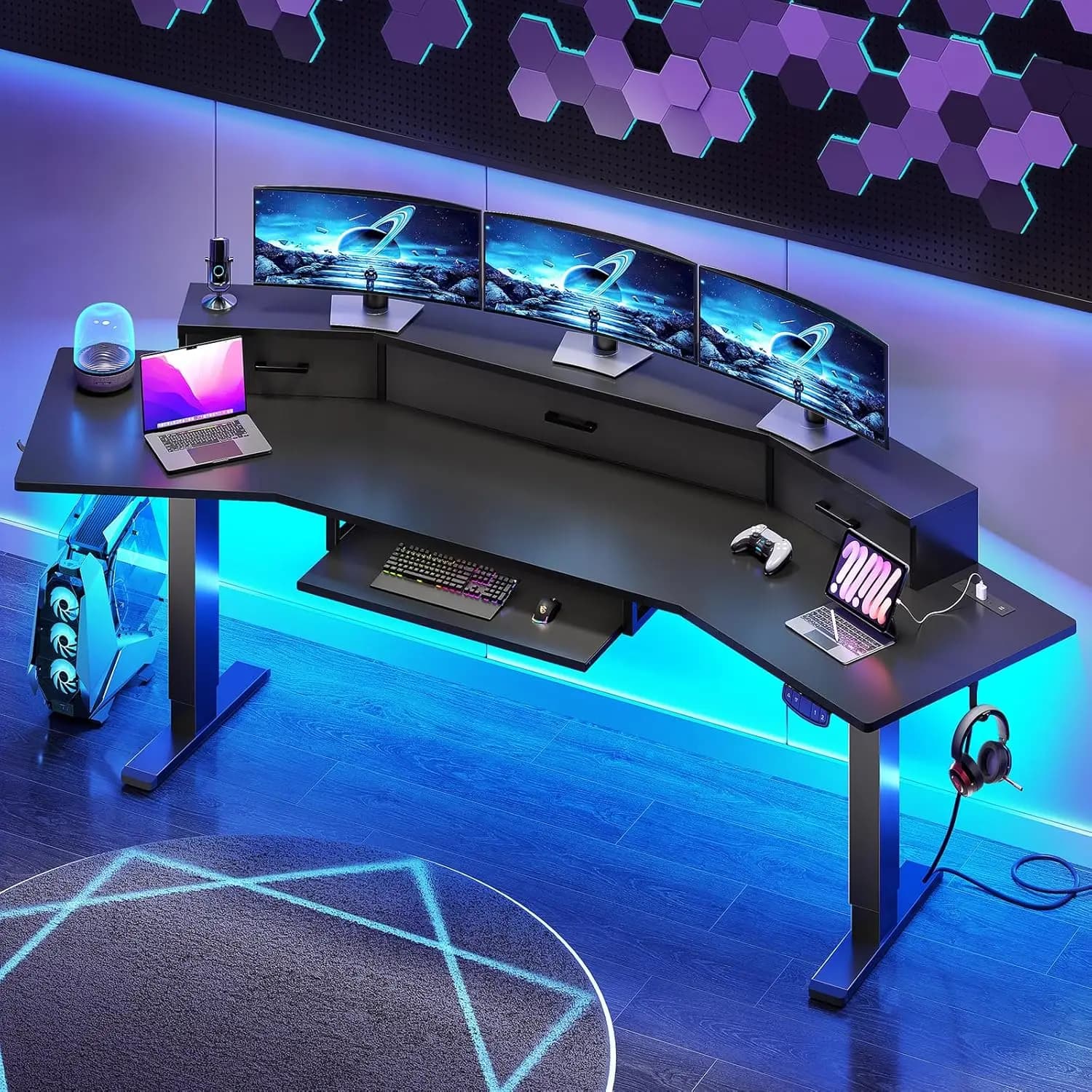 79'' Electric Standing Gaming Desk with Drawers and Led Lights, Height Adjustable Computer Desk with Power Outlet,, Customized