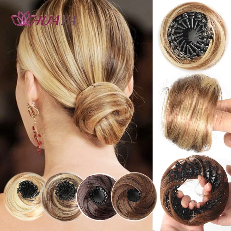Synthetic Hair Bun With Circle Elastic Clips Straight Donut Updo Hair Wig Bird's Nest Shaped Retractable Hairpieces