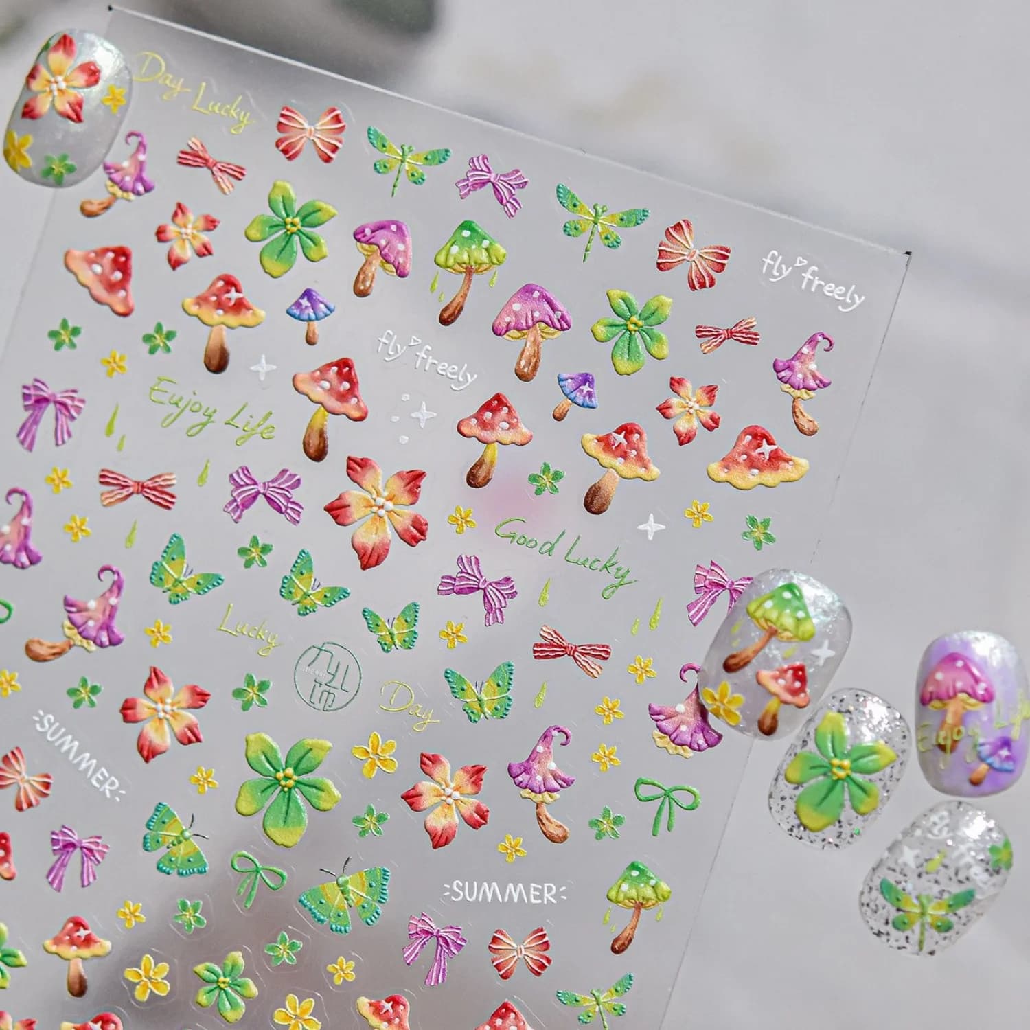 5D Mushroom Theme Nail Decals Colorful Embossed Clover Butterfly Flowers Spring Garden Dreamy Style Self-Adhesive Nail Stickers