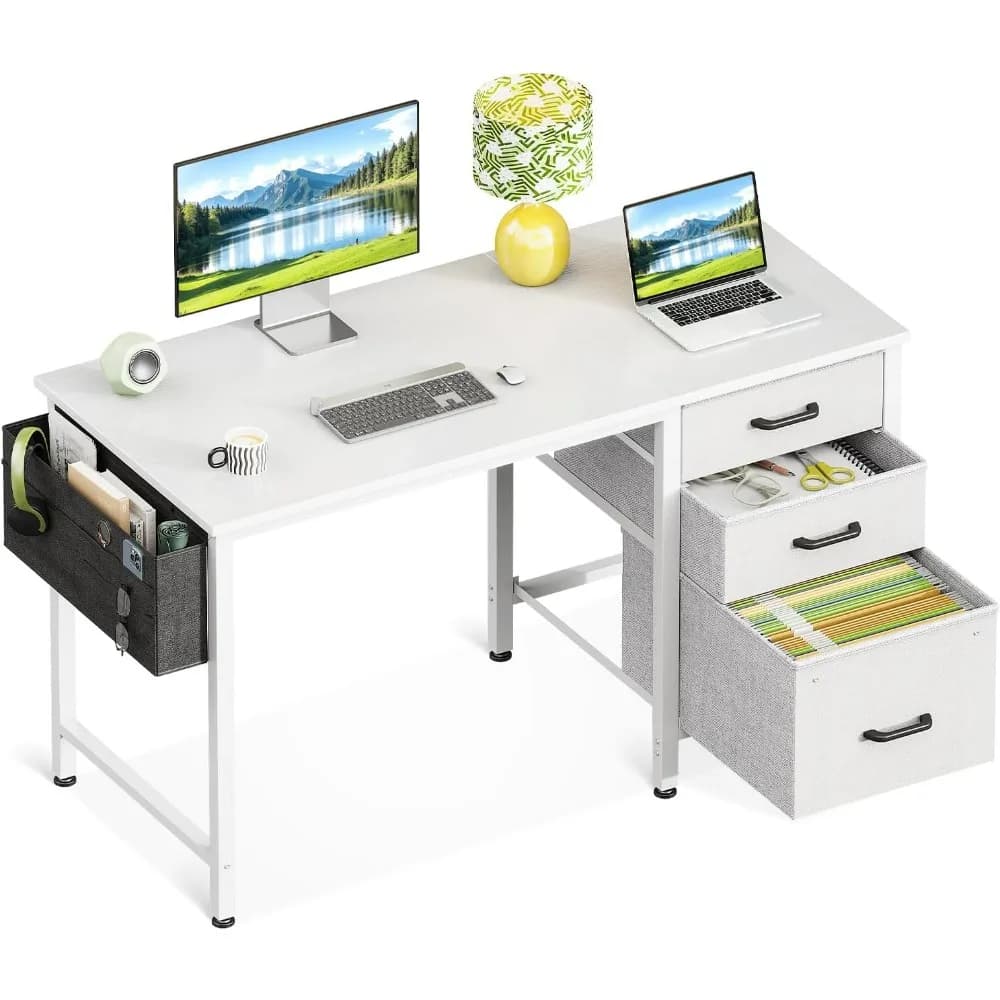 40" Small Home Office Computer Desk Snow White Fabric Drawers File Cabinet Storage Bag Hook Writing Desk for Bedroom Small Space