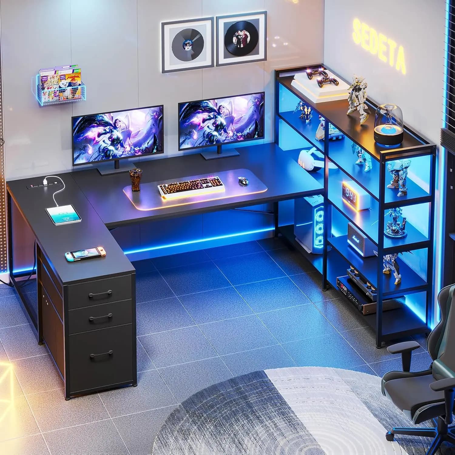 L Shaped Corner Gaming Desk Reversible U Shaped Computer Desk with Power Outlet Storage Shelves LED Lights 3 Fabric Drawer Black