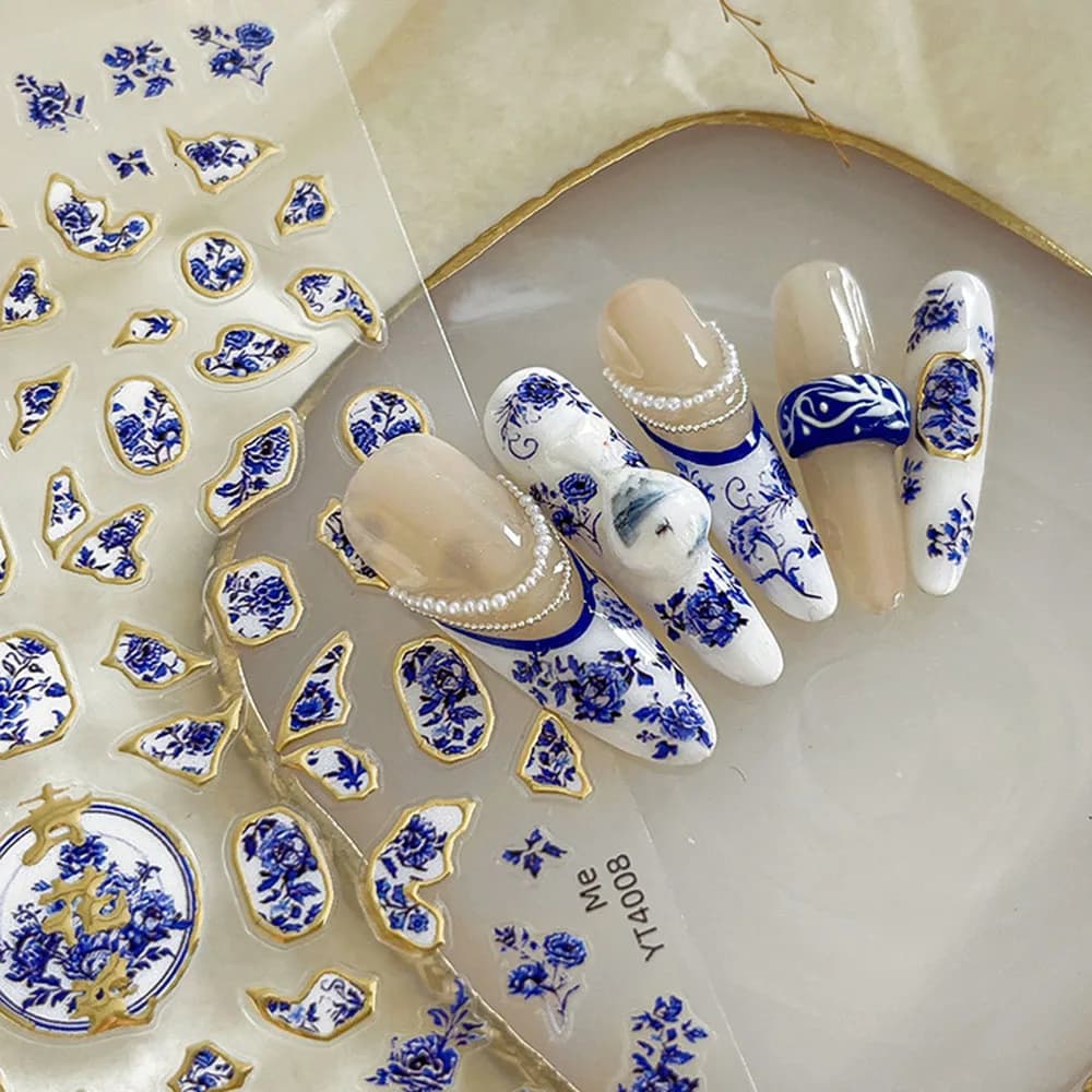 Chinese Style Blue Flower Nail Stickers Ancient Porcelain Carving Nail Decals Back Glue for French Nail Design Stickers Flower S