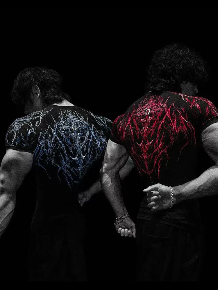 Men's Compression Sports Shirt Tee Gothic Lightning Print GYM Fitness Top Summer Quick Dry Breathable Bodybuilding T-shirt