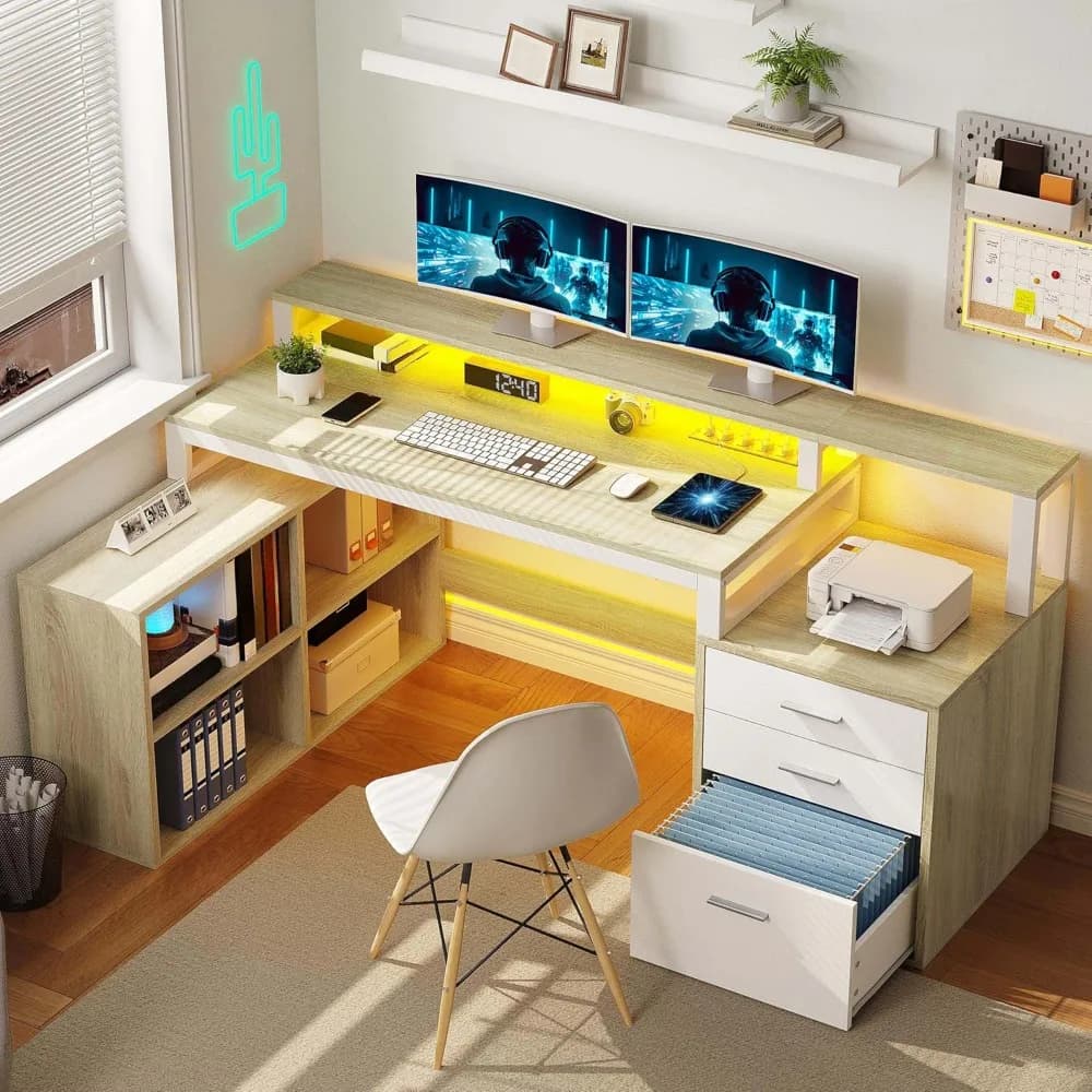 L Shaped Desk with Drawers, 65" Computer Desk with Power Outlets & LED Lights, Corner Home Office Desk with Storage Shelves & P