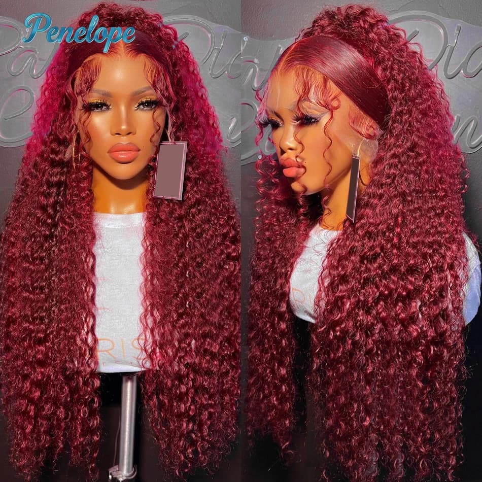 220 Density 99J Burgundy 13x6 HD Lace Frontal Human Hair Wig Pre plucked Colored Brazilian Deep Wave Curly Human Hair Wig