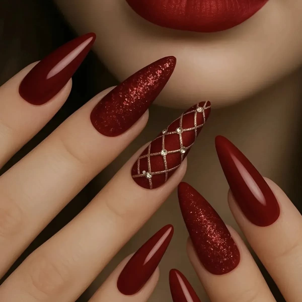 24pcs Wine Red False Nail Art Glitter Lines Long Almond  Nails Tips with Rhinestone Design Fake Nail Set Wearable Press on Nails