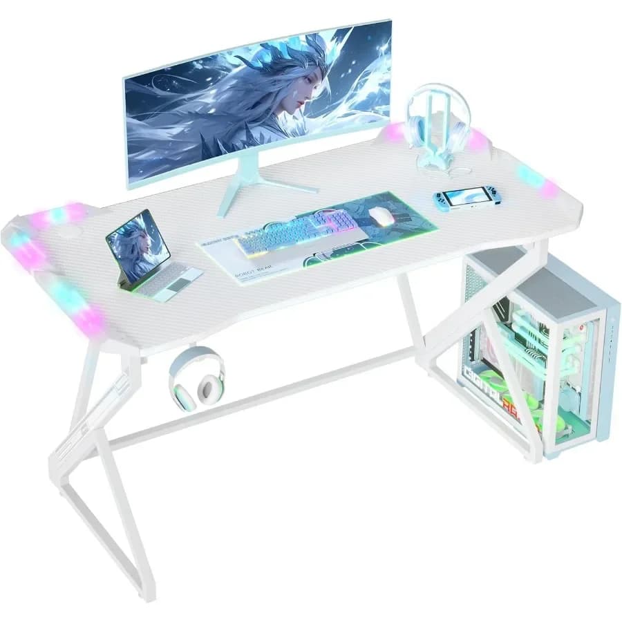 Small Gaming Desk with LED Lights 40 Inch Computer Desk for Home Small Space Gaming Table with Carbon Fiber Surface PC Gamer De
