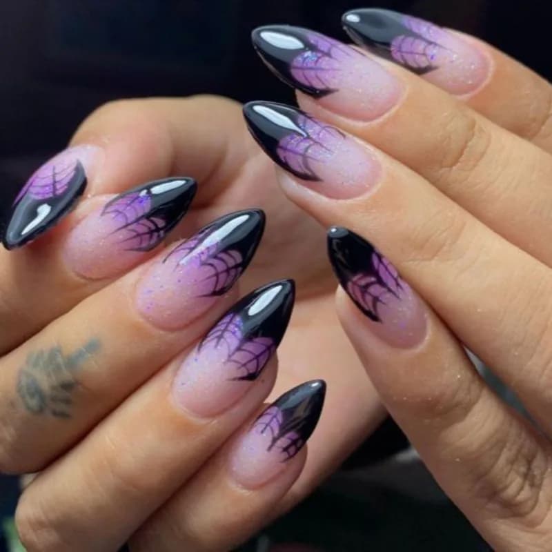 24pcs Halloween Spider Web Purple Almonds Fake Nails Press on Acrylic Tips for Nails Fingernails Decorated False Nails with Glue