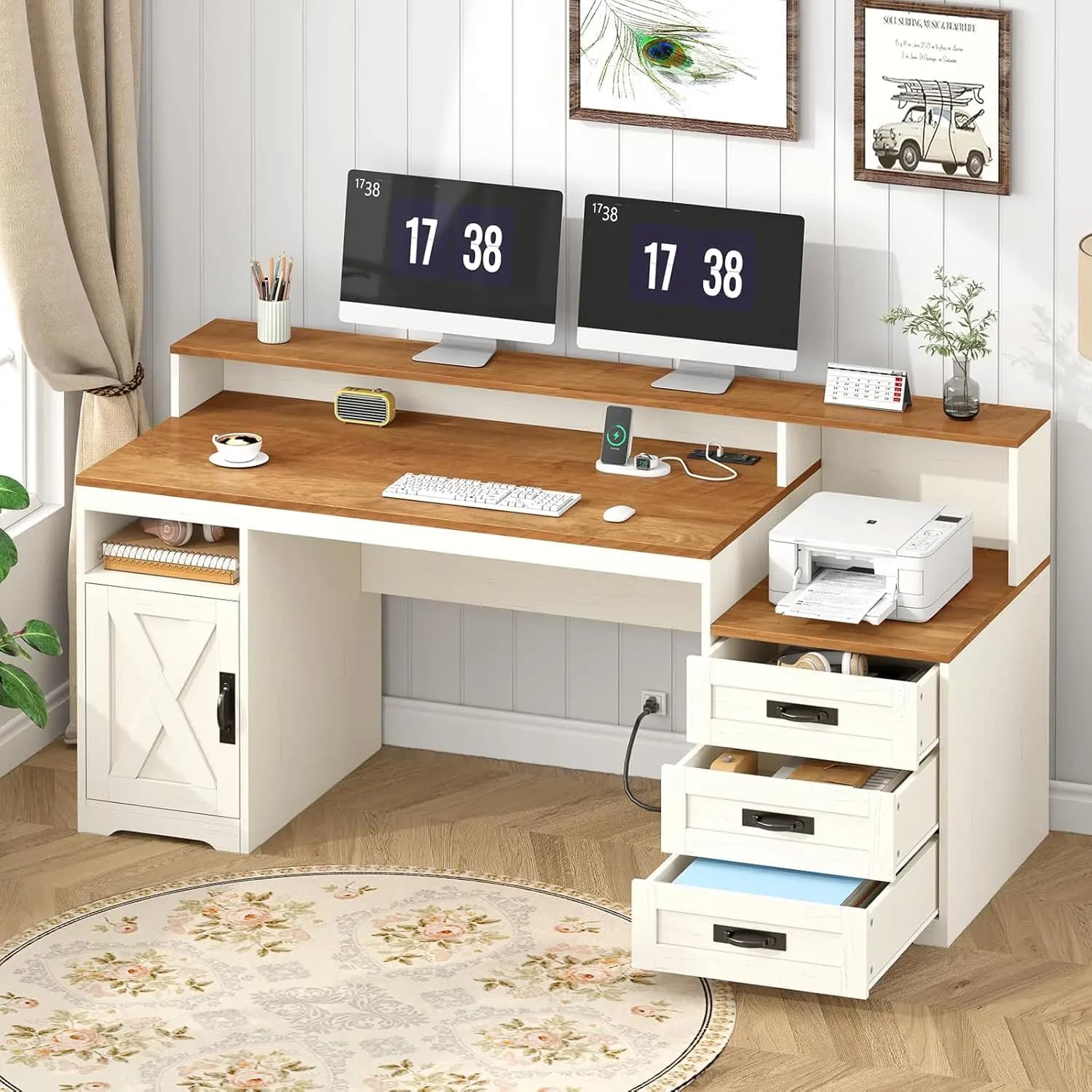 Farmhouse Computer Desk with Drawers, 65'' Home Office Desk with Power Outlets, Storage Cabinet and Printer Stand, Customized