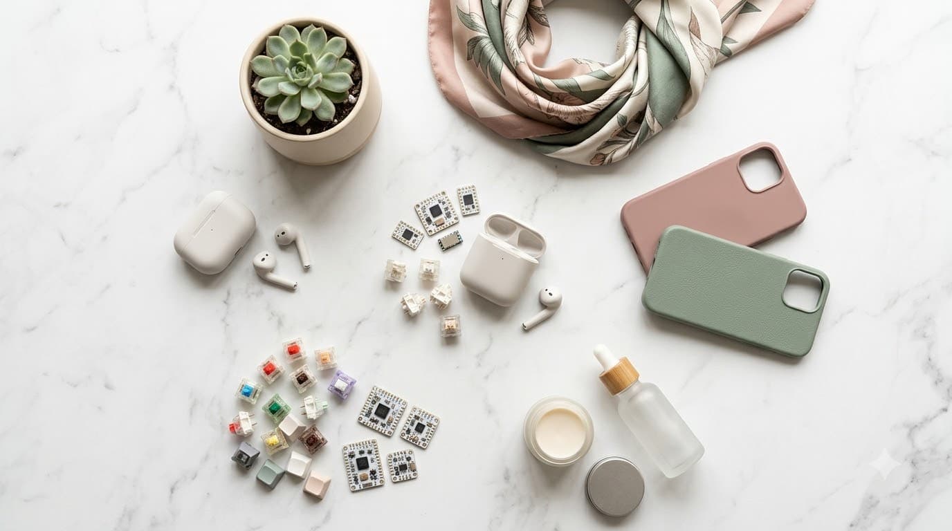 Diverse product categories spread across a table including electronics, fashion accessories, and home gadgets