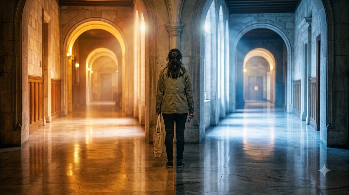 Person standing at a crossroads choosing between two shopping paths, warm directional lighting