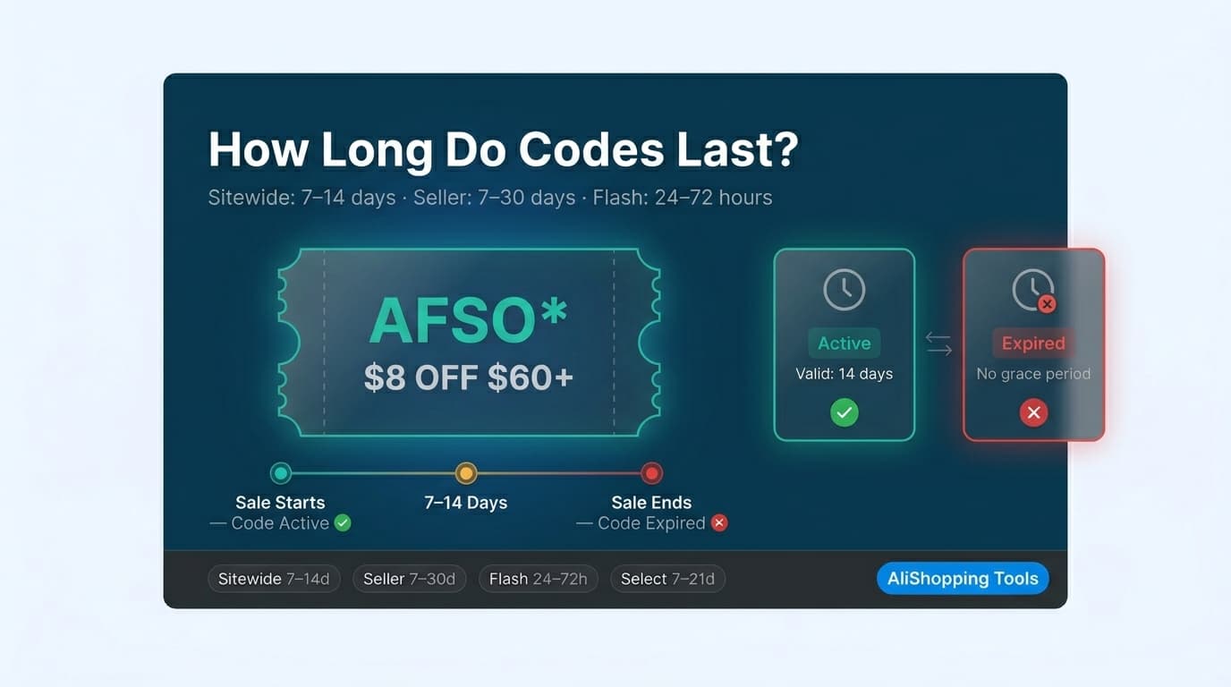 AliExpress promo code lifecycle showing active and expired states with validity windows