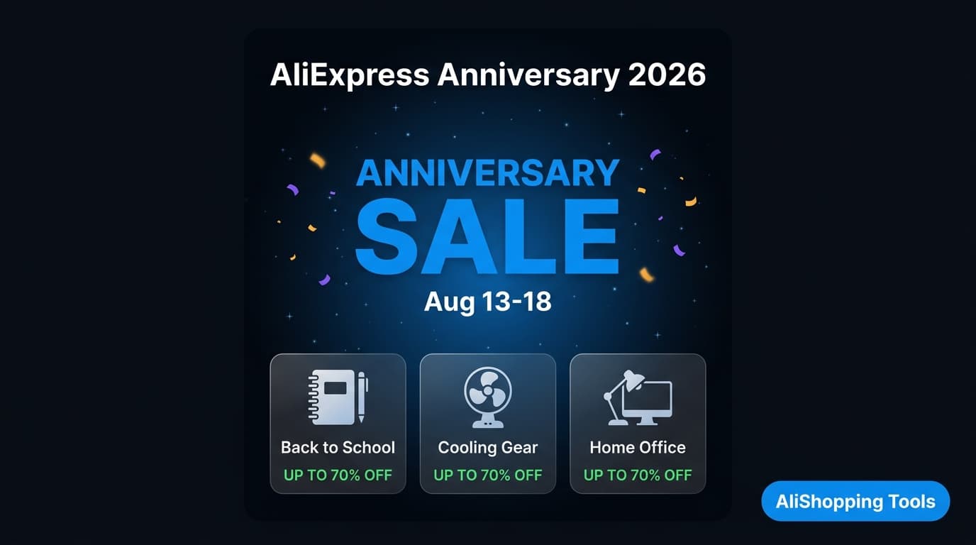 AliExpress Anniversary 2026 banner showing Choice-eligible items with stacked discount across category-specific landing — placeholder mockup pending FE-news image refresh
