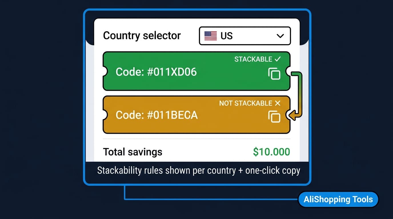 AStools Coupons tab showing stackability rules and country-specific code matching on a sample AE product detail page