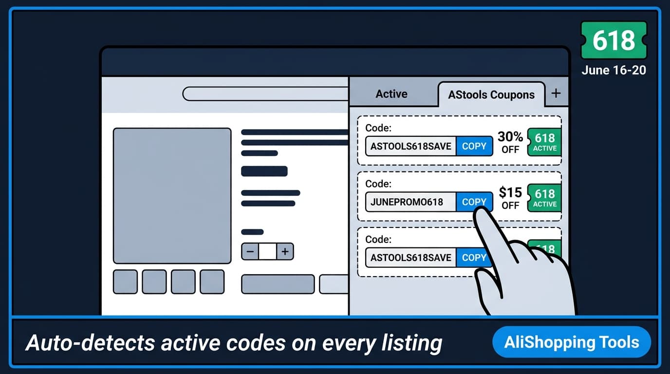 AStools Coupons tab auto-detecting active 618 codes on an AliExpress product page during the June 15-20 sale window