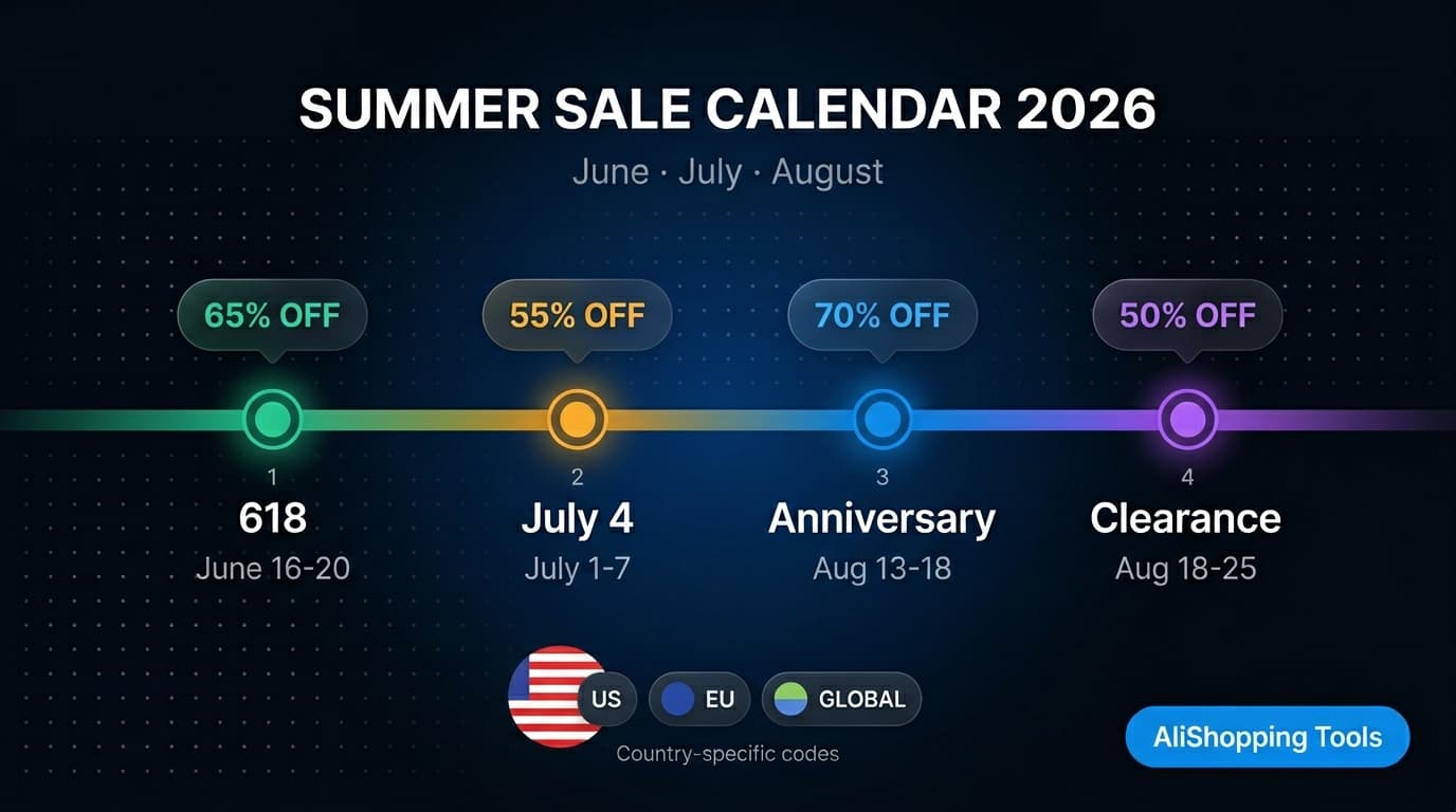 AliExpress Summer Sale 2026 calendar header showing four major events between June 1 and August 31 across 618, July 4, Anniversary, and August clearance windows
