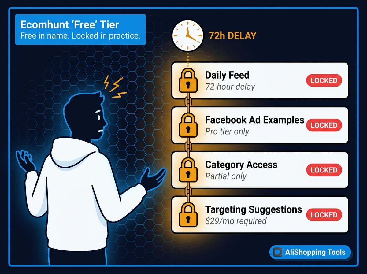 Ecomhunt free tier locked features wall — BD comic panel, 4 padlocked features, frustrated entrepreneur — AliShopping Tools