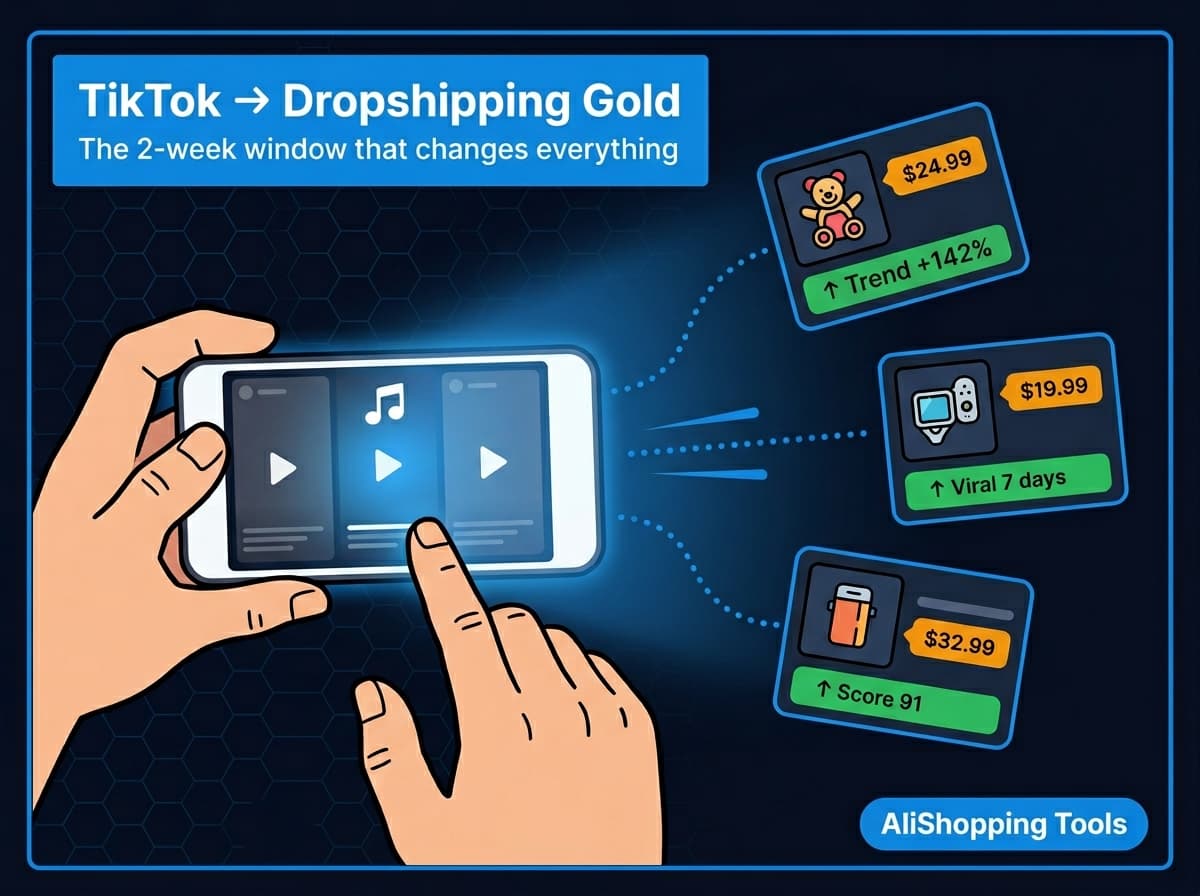 TikTok product research for dropshipping 2026 — trending products floating from phone screen — AliShopping Tools