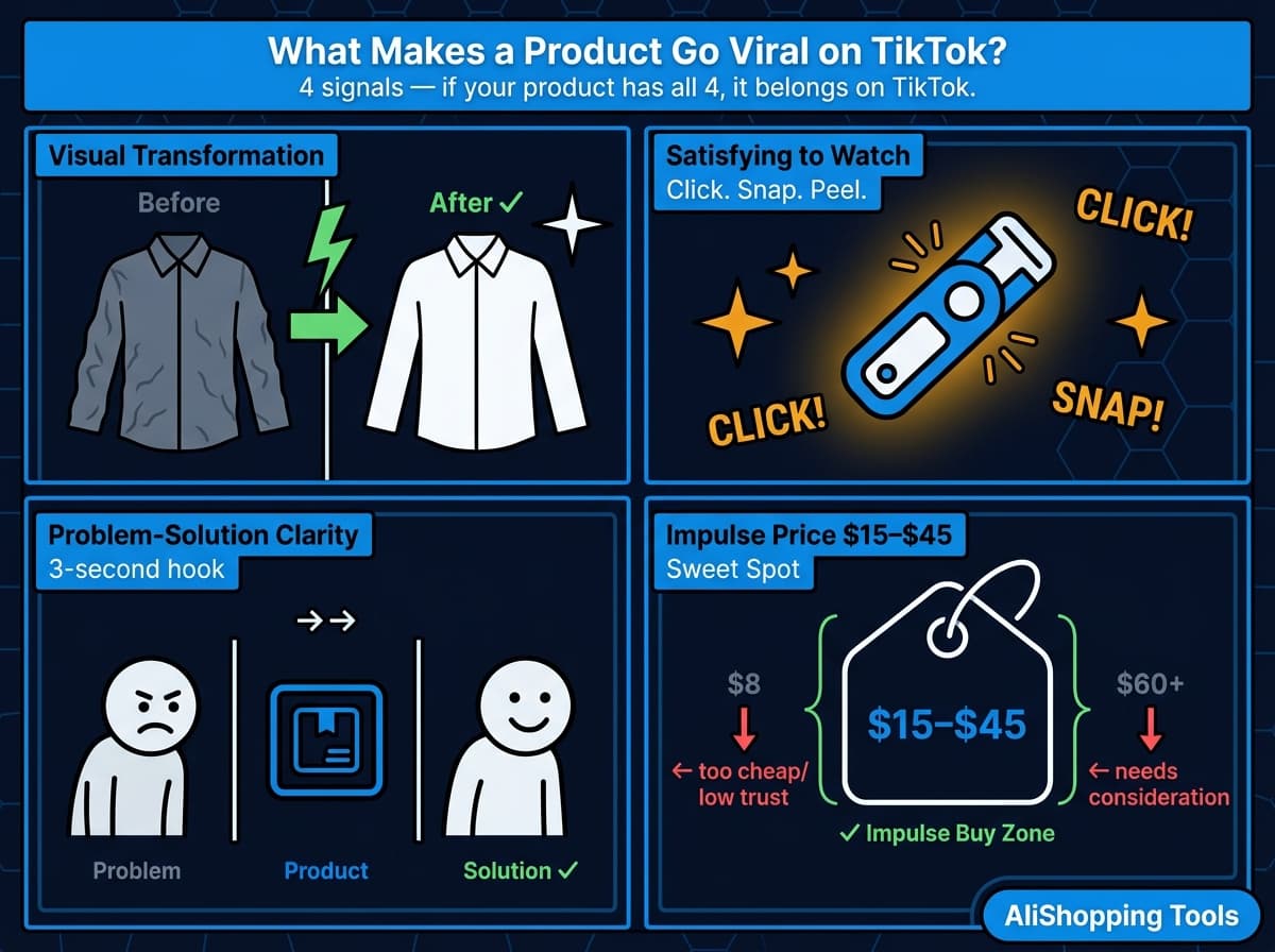 4 viral product characteristics for TikTok dropshipping — Visual Transformation, Satisfying, Problem-Solution, Impulse Price — AliShopping Tools