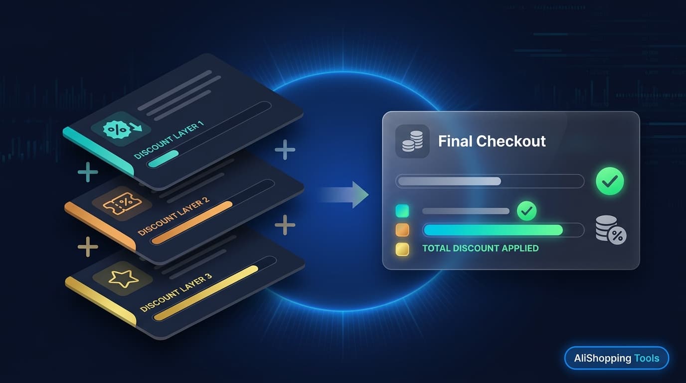 AliExpress promo code stacking guide showing multi-layer discount system 2026