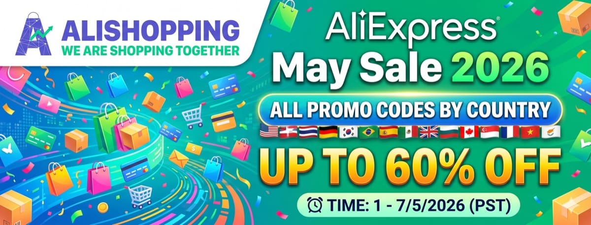 AliExpress May Sale 2026 banner showing the Sunshine Savings and Seasonal Savings promotion with up to 60% off and country-specific promo codes