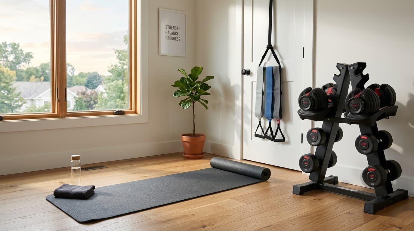 Home workout corner — adjustable dumbbells, resistance bands, yoga mat