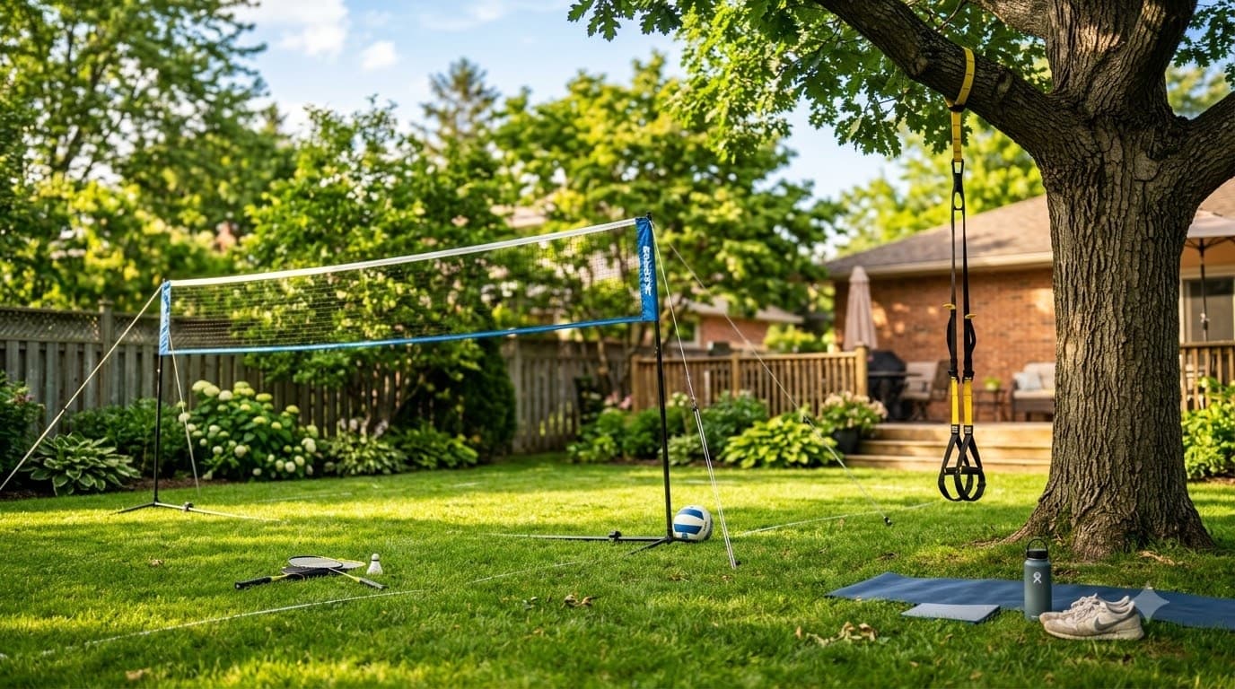 Backyard sports — portable badminton net, volleyball, suspension trainer