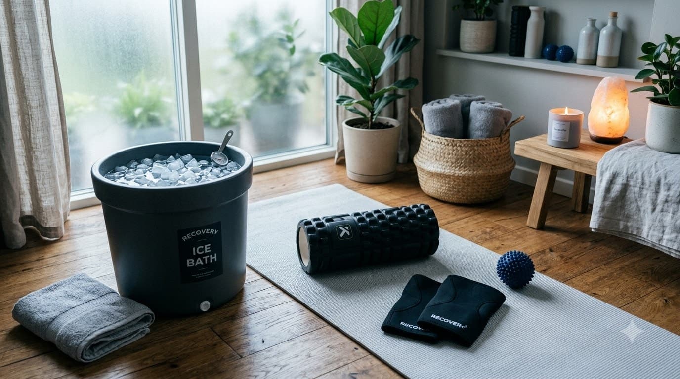 Recovery setup — foam roller, ice bath, compression sleeves, massage ball