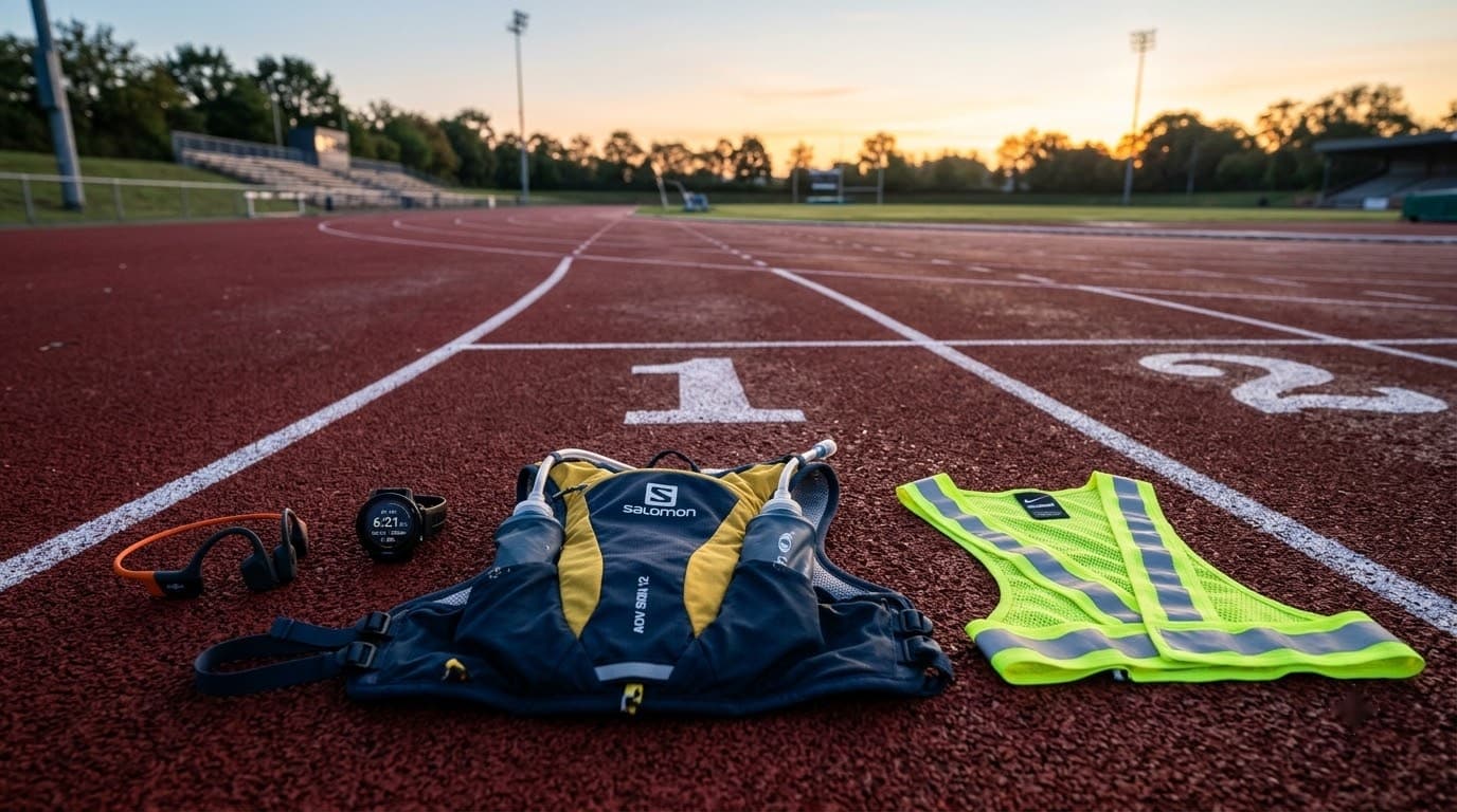 Running gear on track — bone conduction headphones, reflective vest, hydration pack