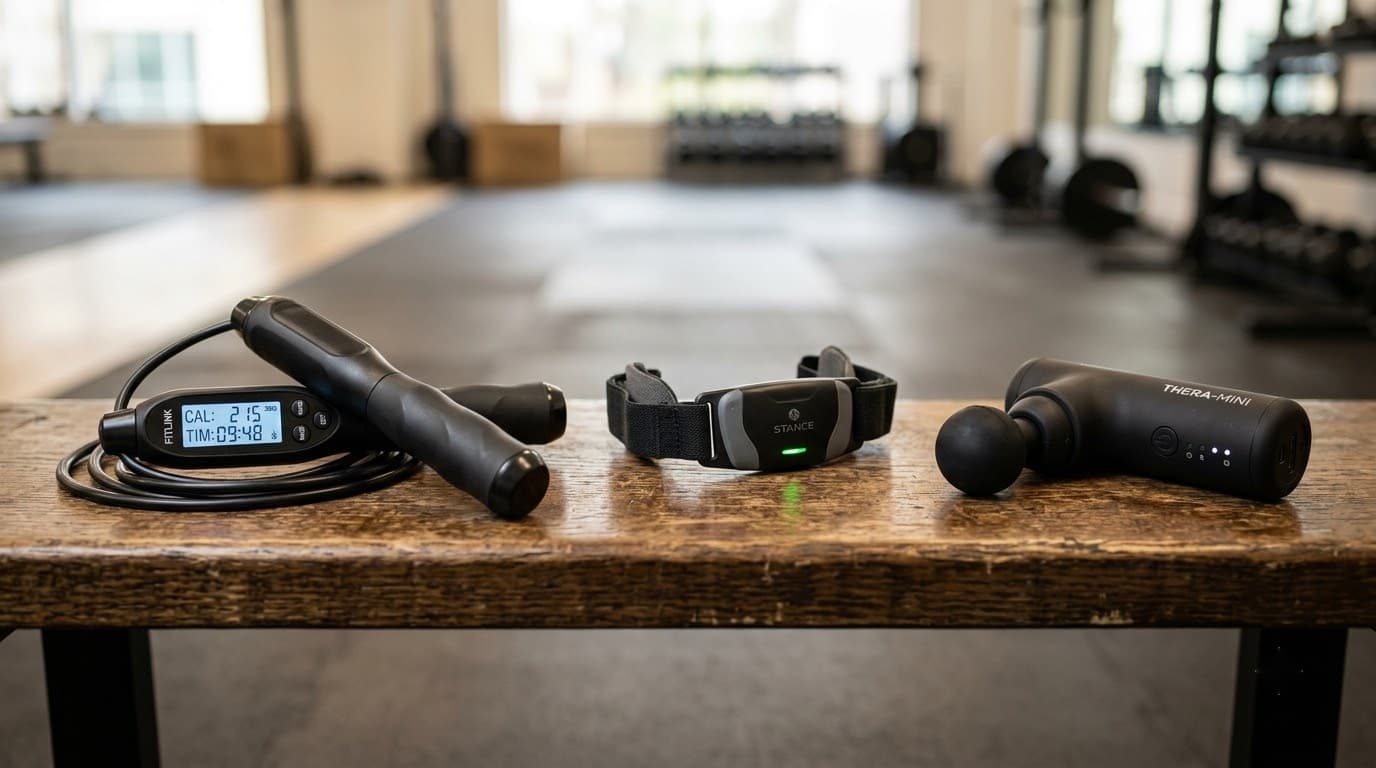 Smart fitness gadgets — digital jump rope, posture corrector, massage gun