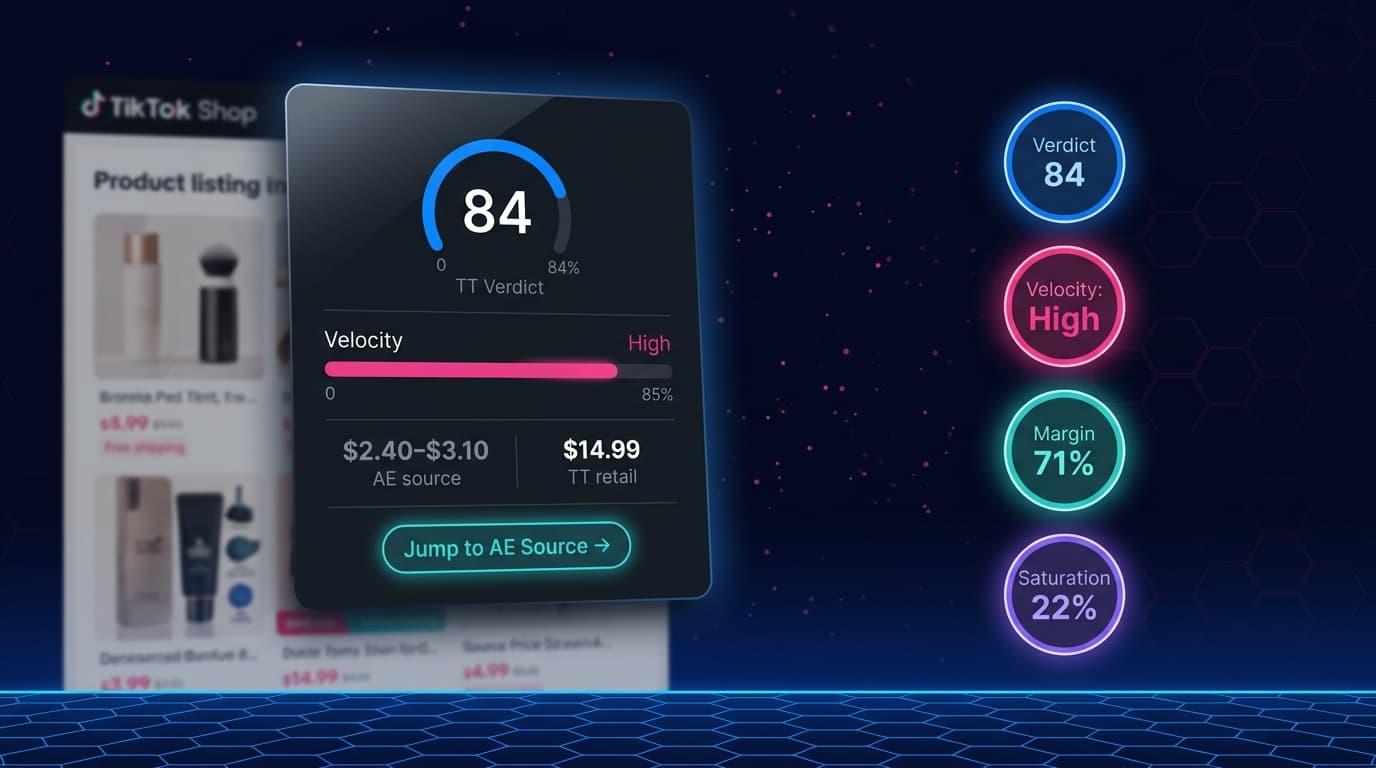 AStools TikTok overlay showing the 0–100 score, estimated margin, and the AliExpress source jump on a TT-Shop listing