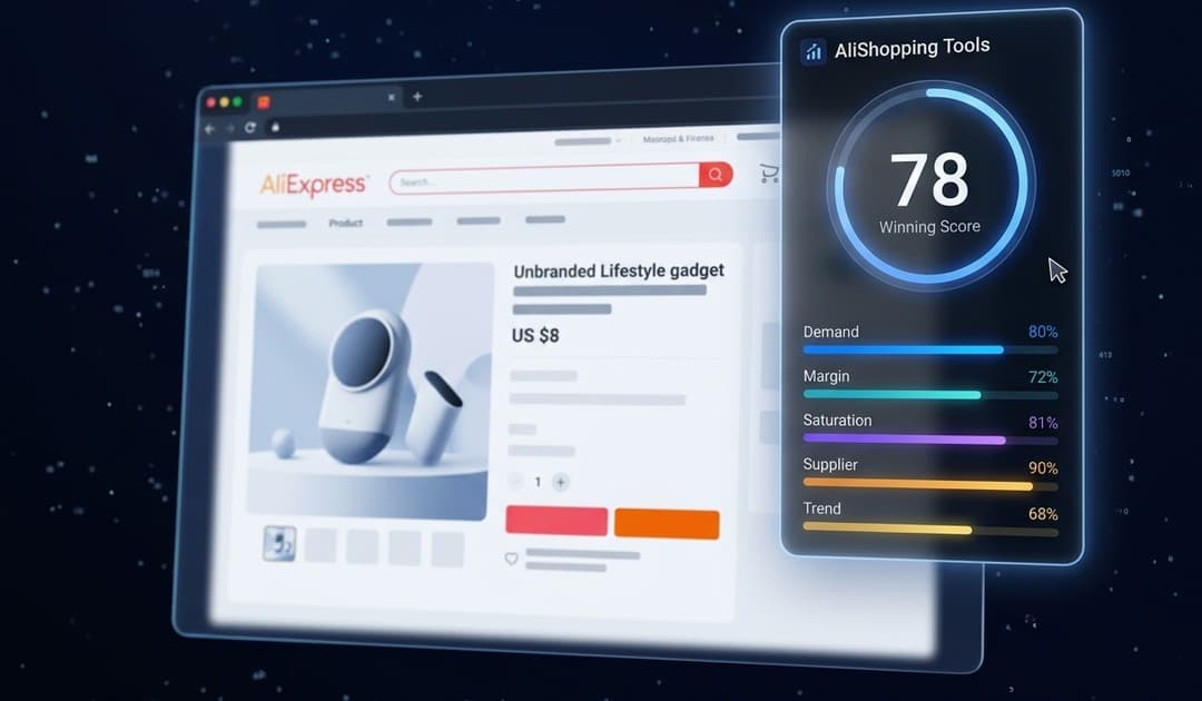 Winning Score dashboard on AliExpress product page — live score display with factor breakdown