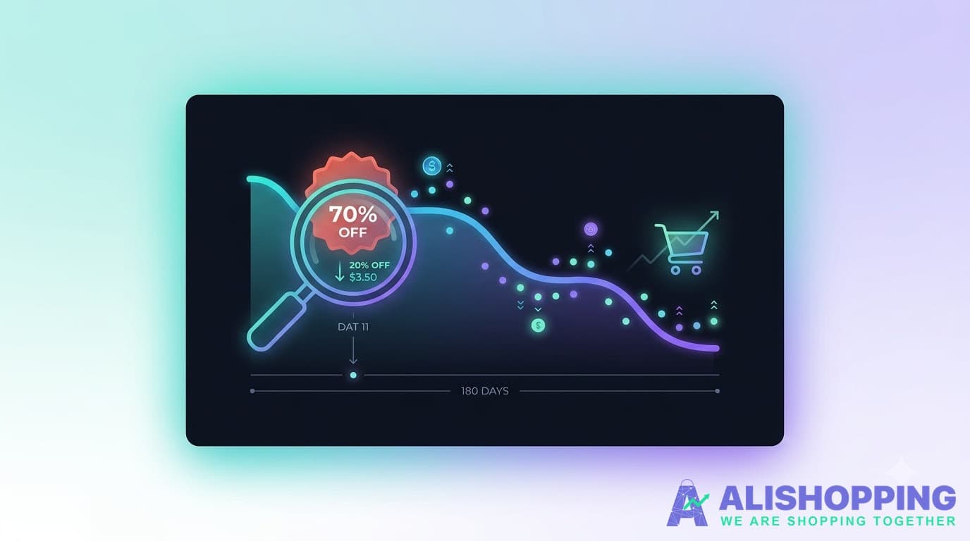 Product Tracker dashboard showing 180-day price chart, order trends, stock status, and rating