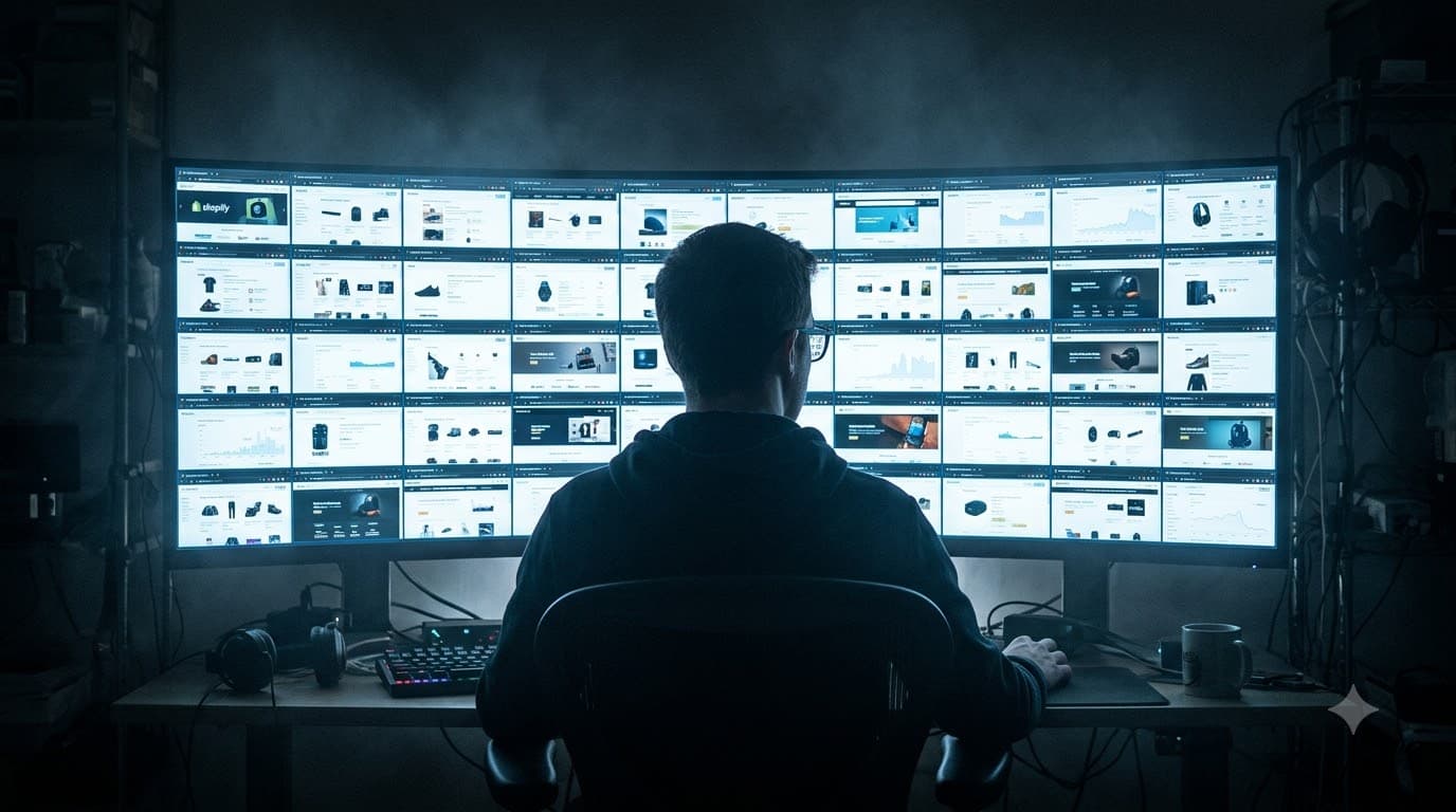 A person studying multiple e-commerce store windows on a wide monitor in a dark room with data reflections on their glasses
