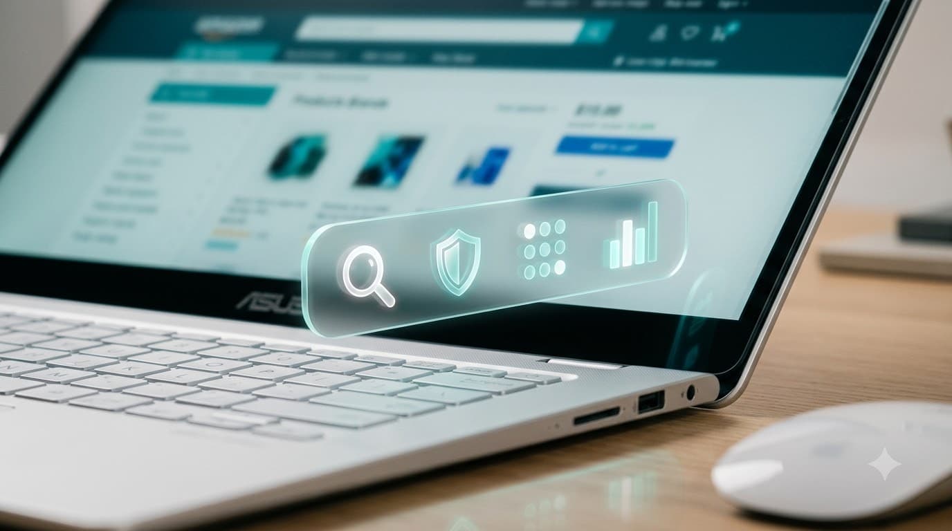 A browser toolbar overlay at the bottom of an online store page showing app icons and detection badges in a sleek floating panel