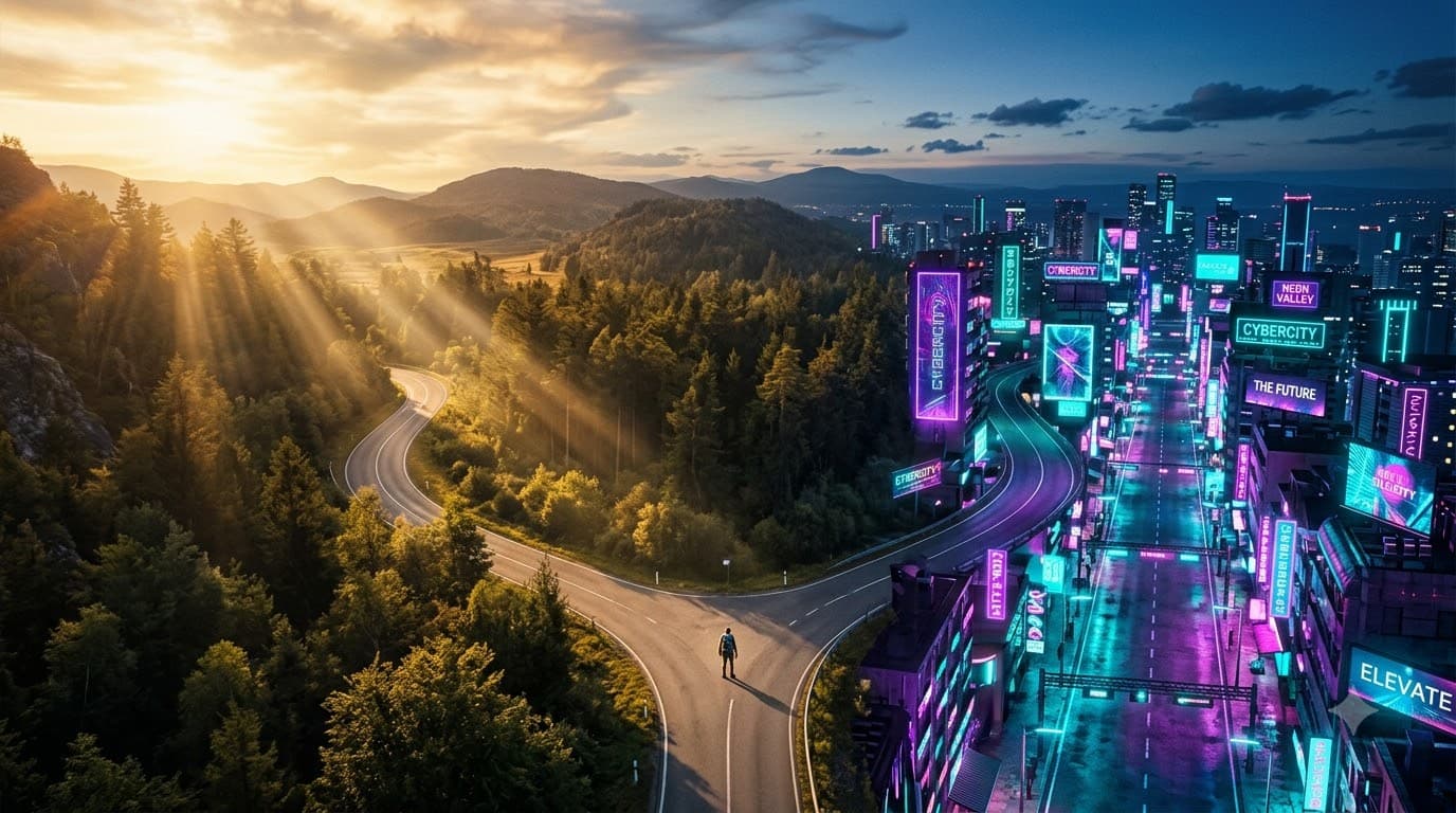 A fork in a road with one path lit by free sunlight and the other by premium neon lighting, seen from above in a cinematic aerial shot
