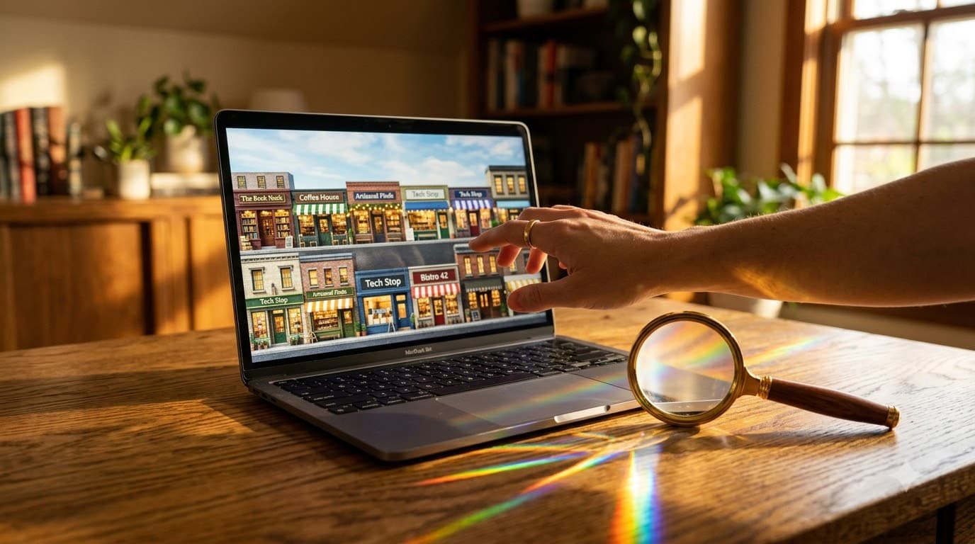 A hand reaching toward a laptop screen displaying rows of online storefronts, with magnifying glass reflections casting prismatic light across the desk