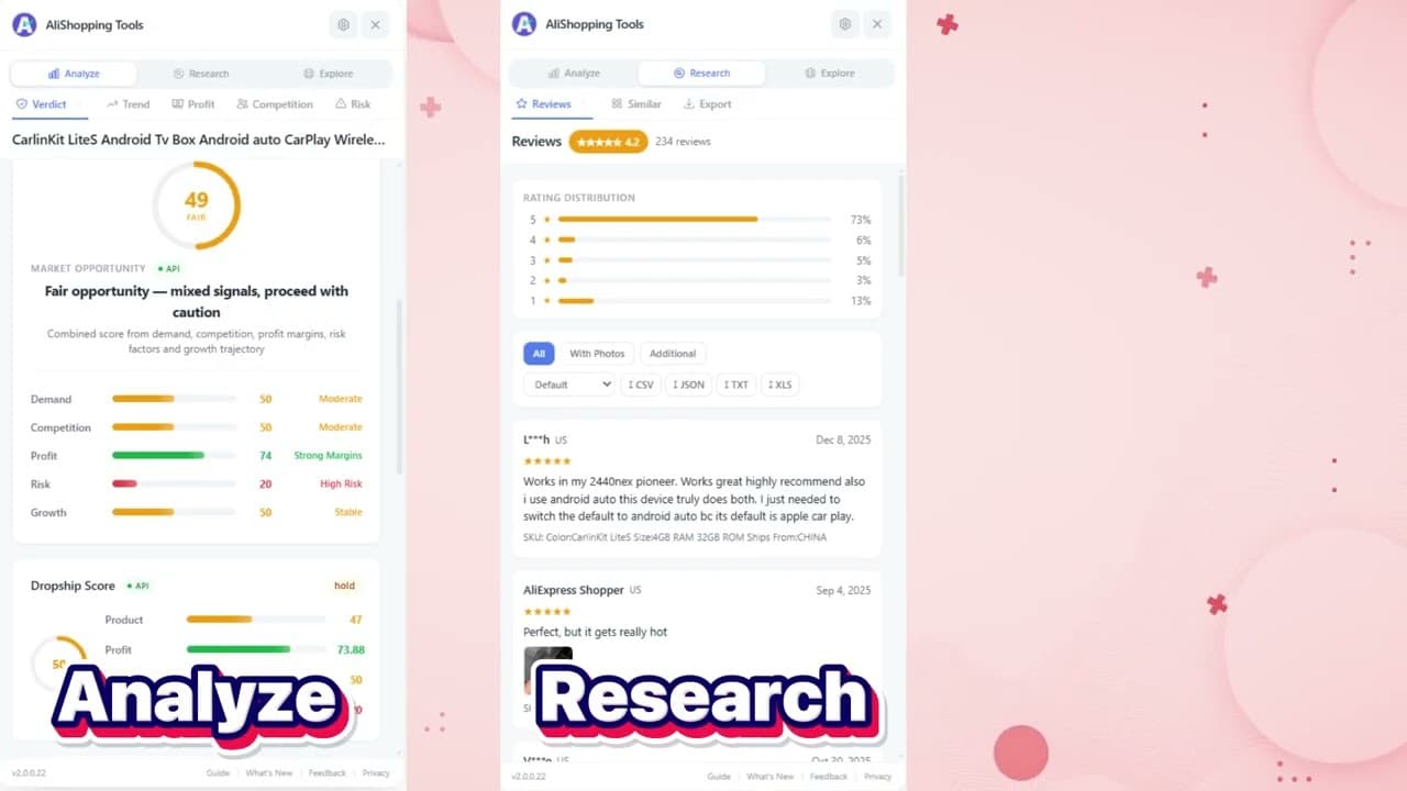AliShopping Tools demo video — AliExpress product research in 30 seconds